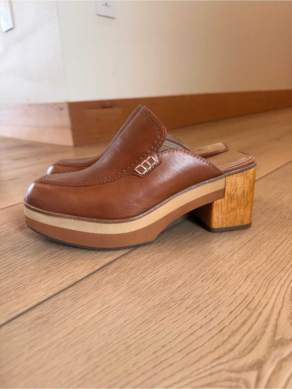 Bernardo Tan Leather Platform Mule Heels